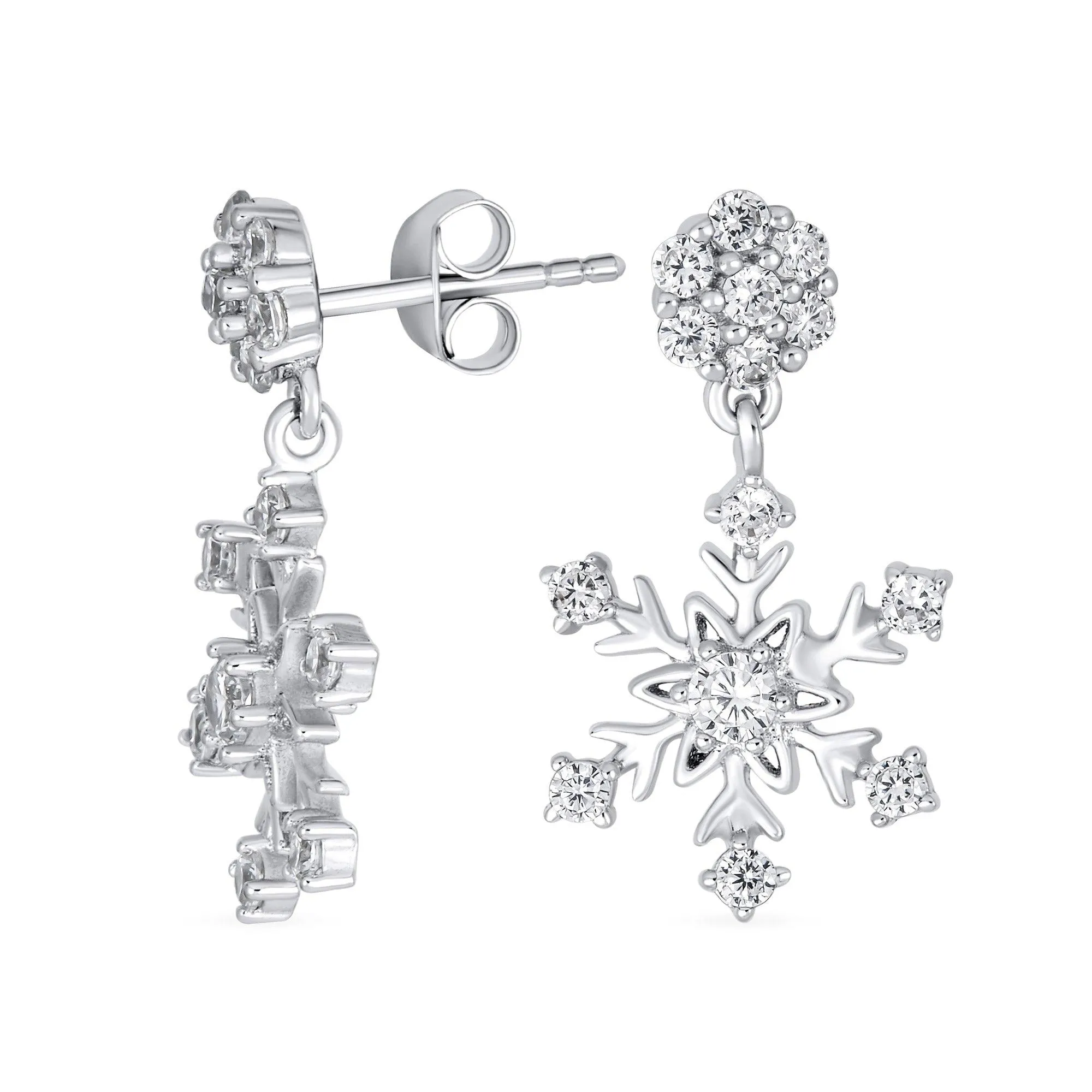 Classic Christmas Winter CZ Snowflake Dangle Earrings .925 Sterling Silver