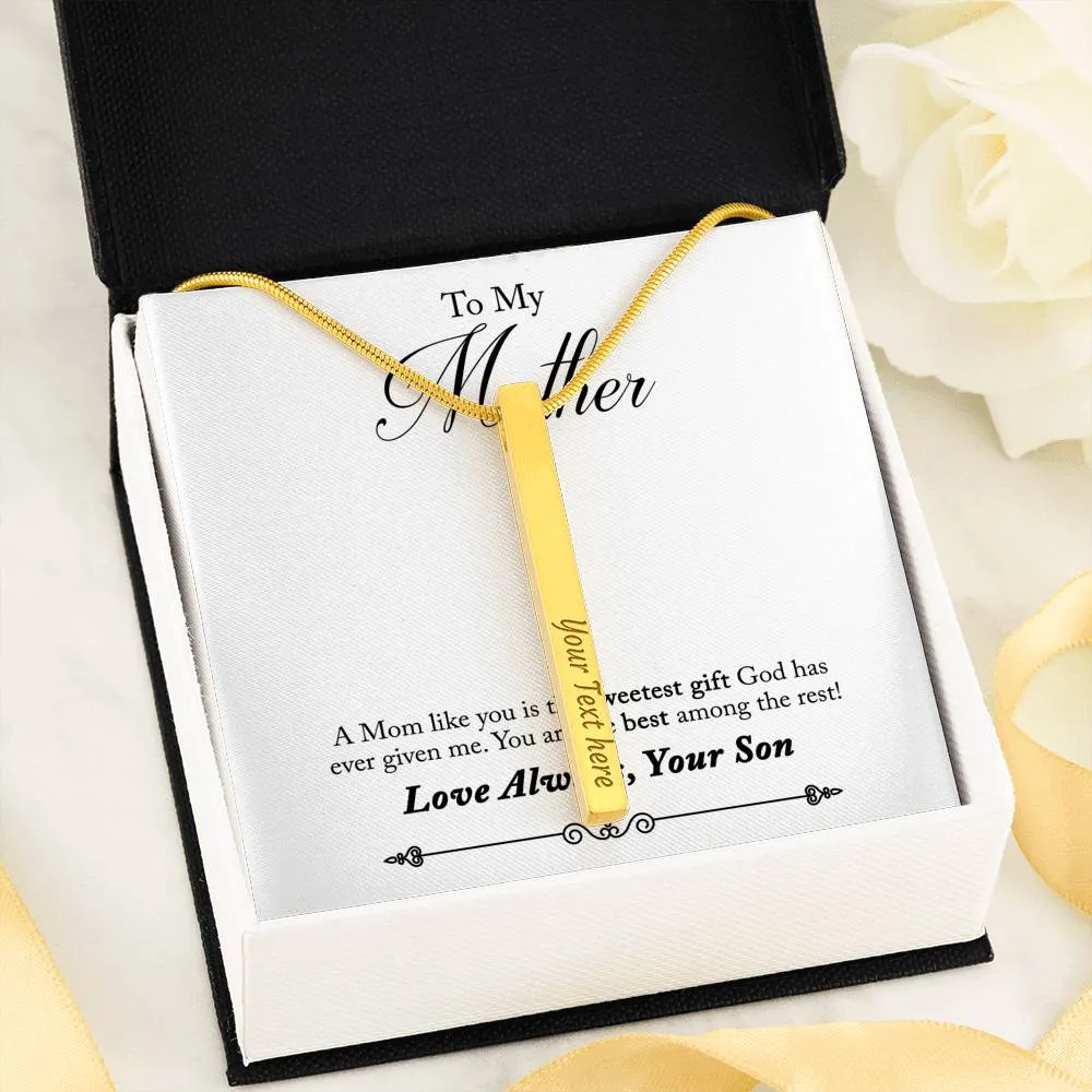 Double Sided Vertical Bar Necklace With "Mom is the BEST among the REST" Message Card From Son