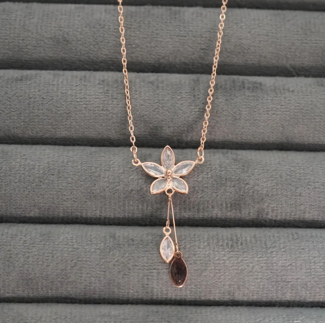 Elegant Pendant Chain Necklace with Floral Studded Zirconia in Rose Gold Plating