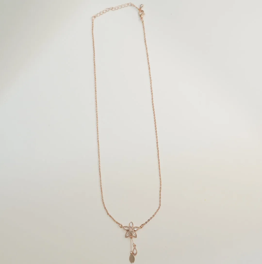Elegant Pendant Chain Necklace with Floral Studded Zirconia in Rose Gold Plating