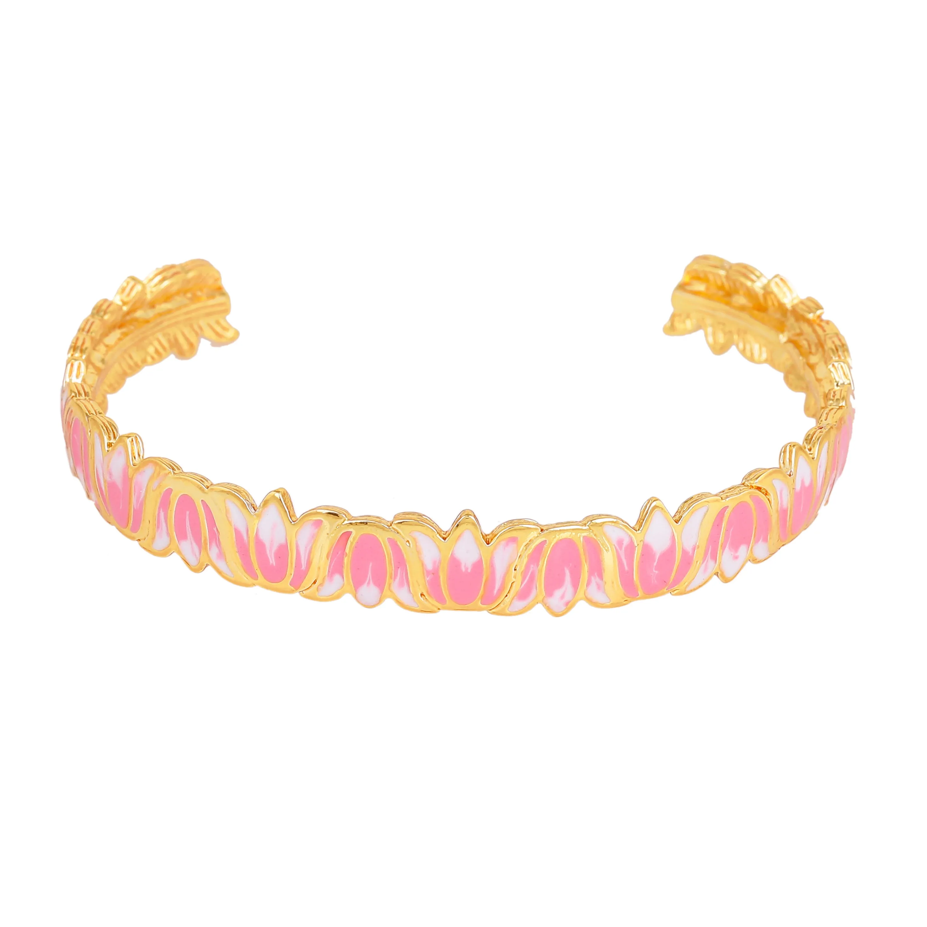 Estele Gold Plated Attractive Lotus Designer Cuff Bracelet with Pink Enamel for Girl's & Women