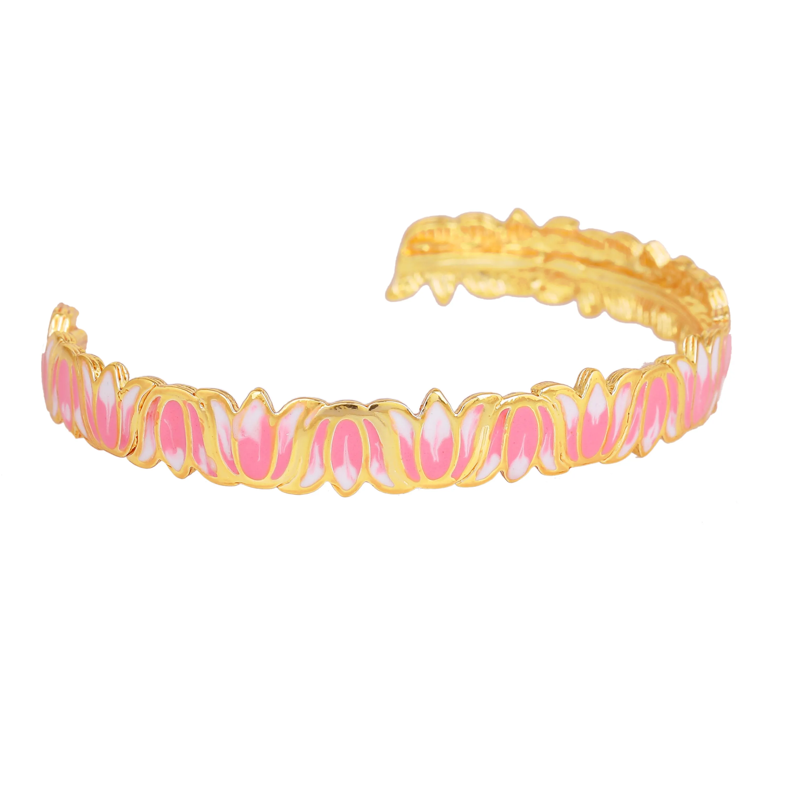 Estele Gold Plated Attractive Lotus Designer Cuff Bracelet with Pink Enamel for Girl's & Women