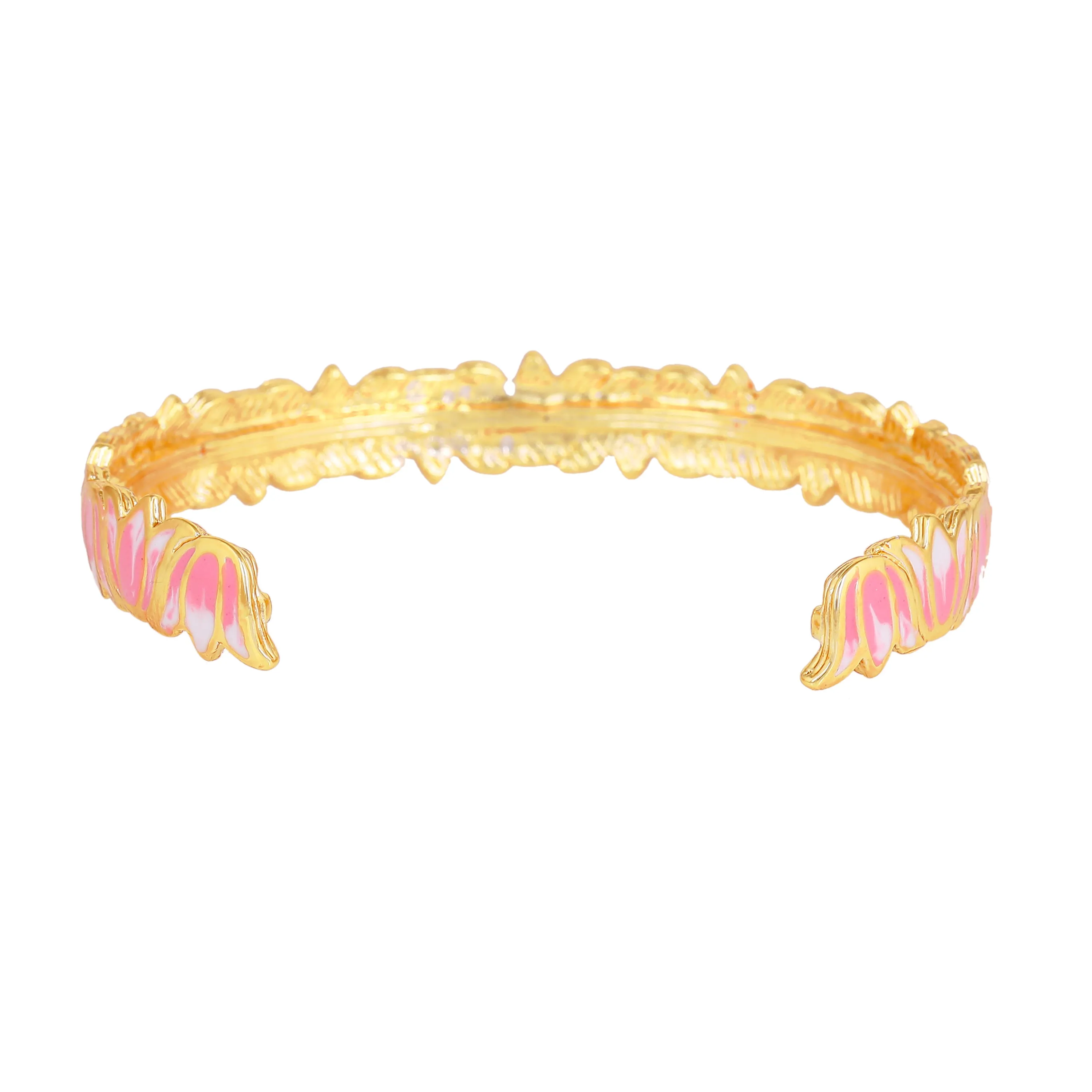 Estele Gold Plated Attractive Lotus Designer Cuff Bracelet with Pink Enamel for Girl's & Women