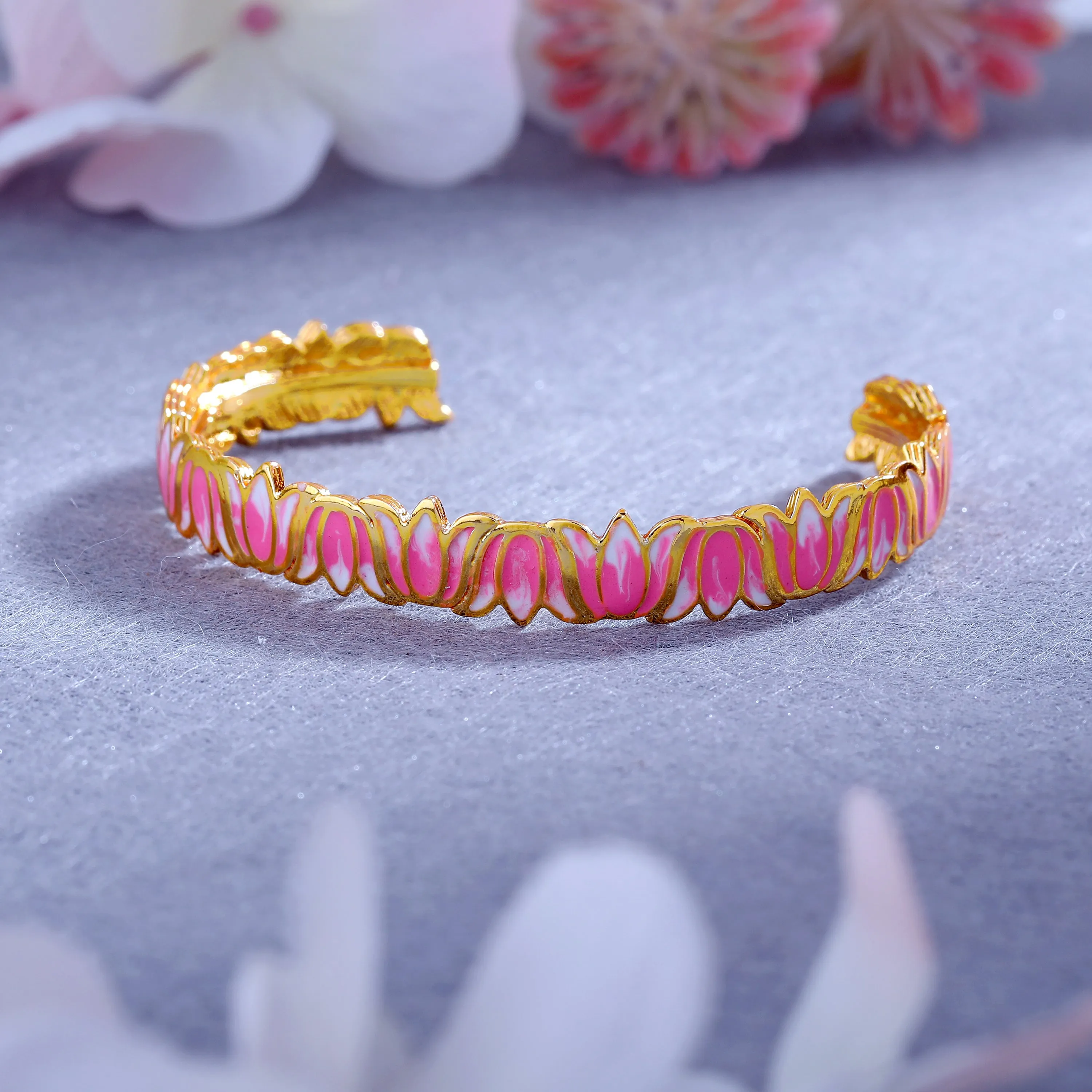 Estele Gold Plated Attractive Lotus Designer Cuff Bracelet with Pink Enamel for Girl's & Women