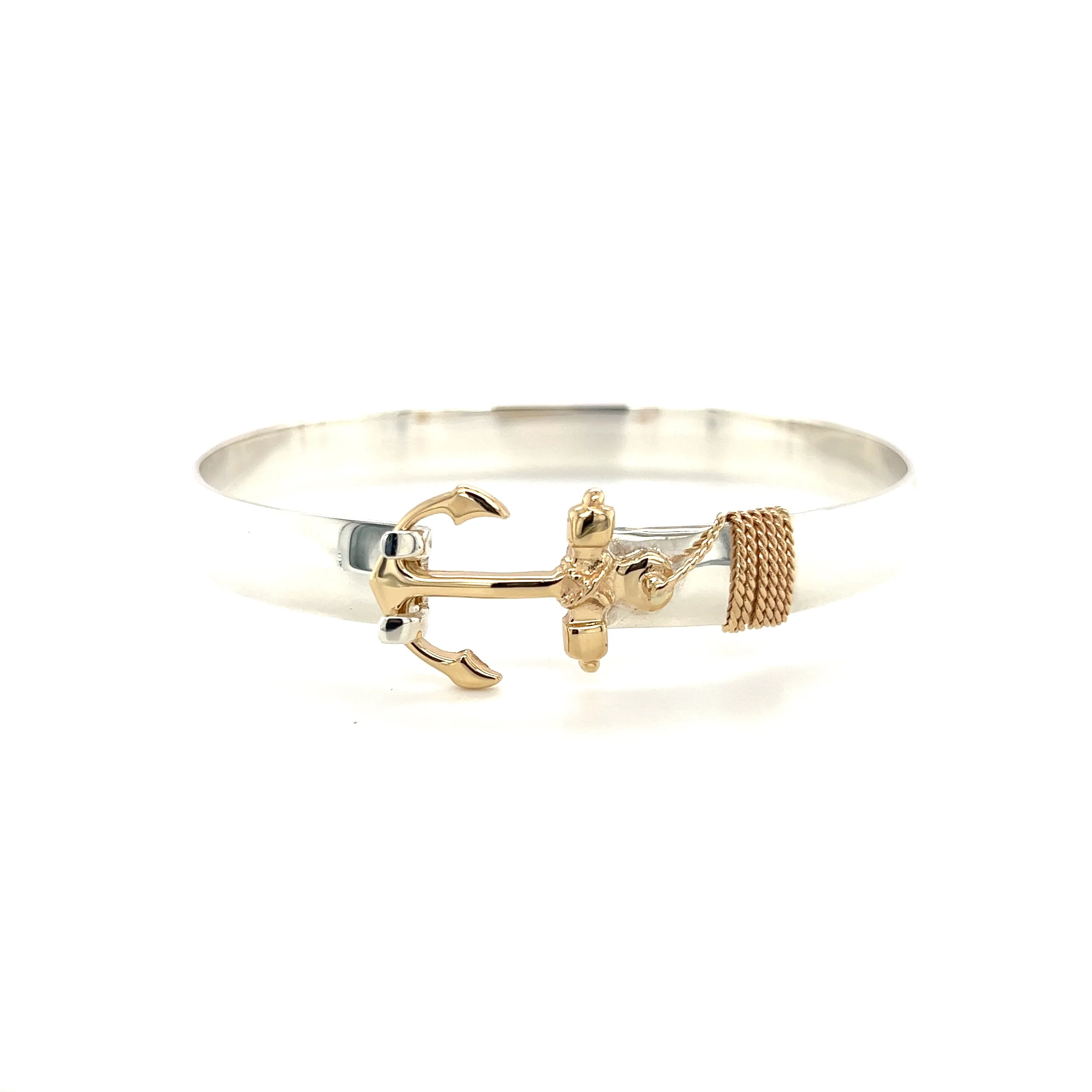 Flat 8mm Bangle Bracelet with 14K Yellow Gold Anchor and Wrap in Sterling Silver