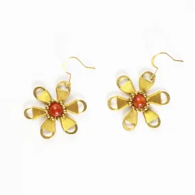 Flower Carnelian Bead Brass Earrings