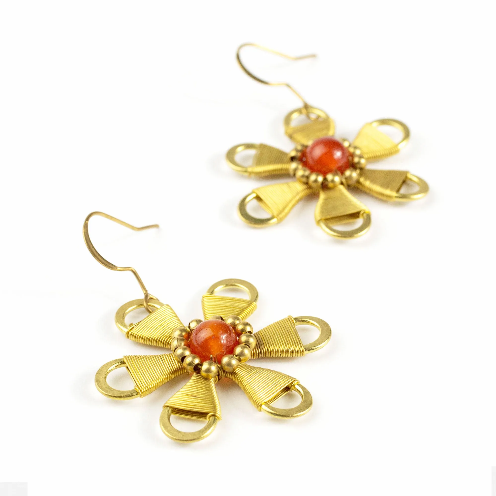 Flower Carnelian Bead Brass Earrings