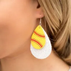 Glitter Softball Vegan Leather Teardrop Dangle Earrings