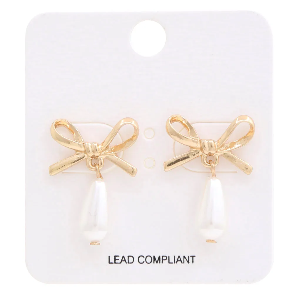 Gold Bow Pearl Drop Stud Earrings