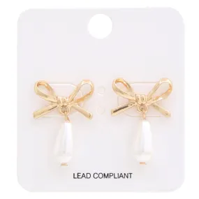 Gold Bow Pearl Drop Stud Earrings