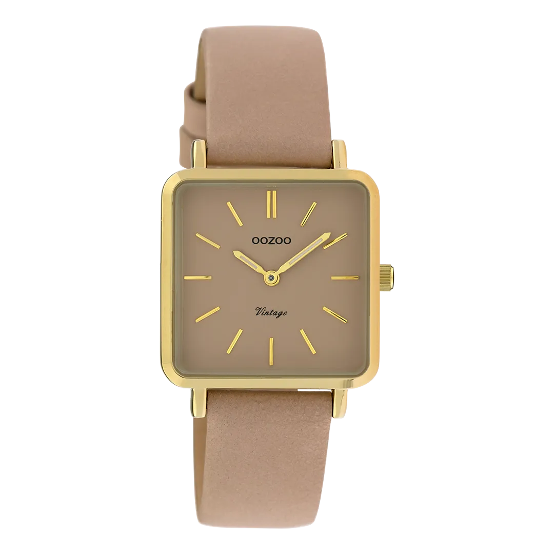 Gold coloured OOZOO watch with pink grey leather strap - C9942
