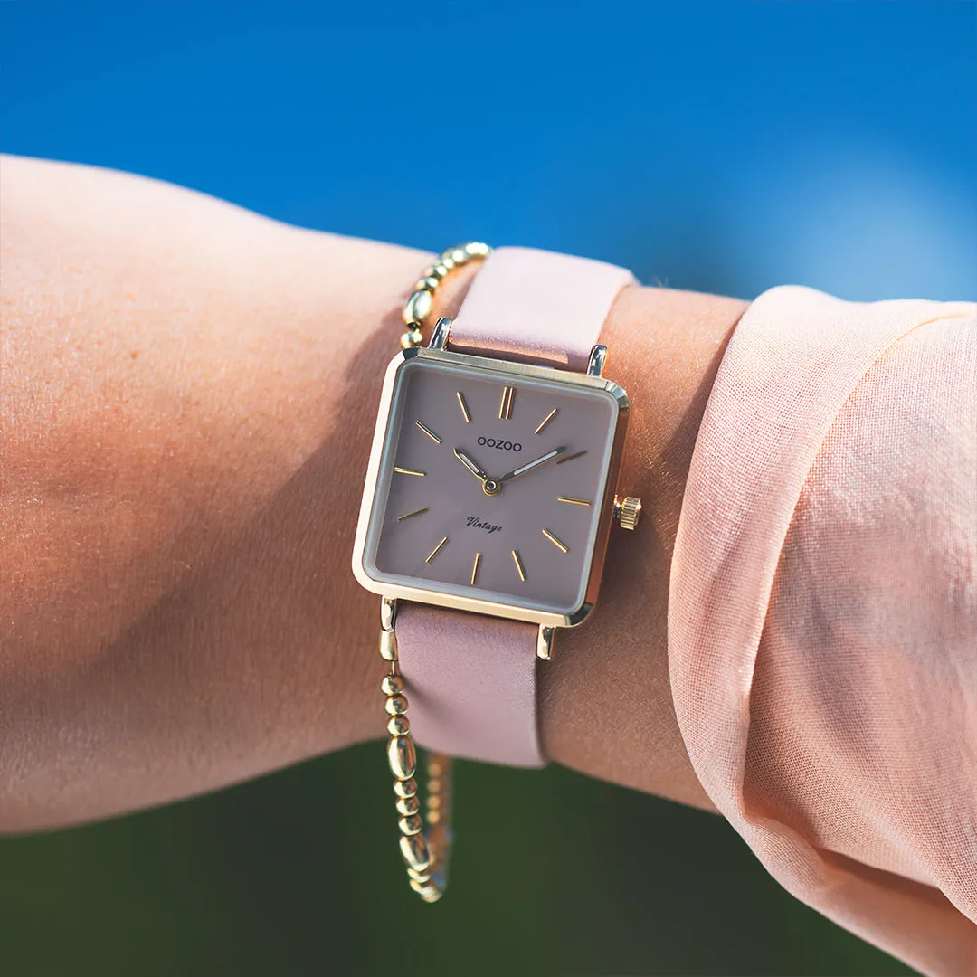 Gold coloured OOZOO watch with pink grey leather strap - C9942