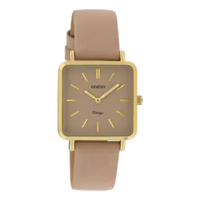 Gold coloured OOZOO watch with pink grey leather strap - C9942