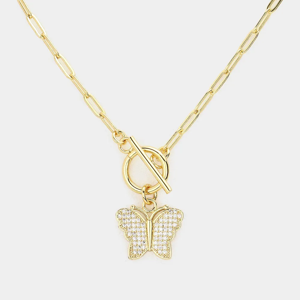 Gold CZ Butterfly Pendant Toggle Necklace Set