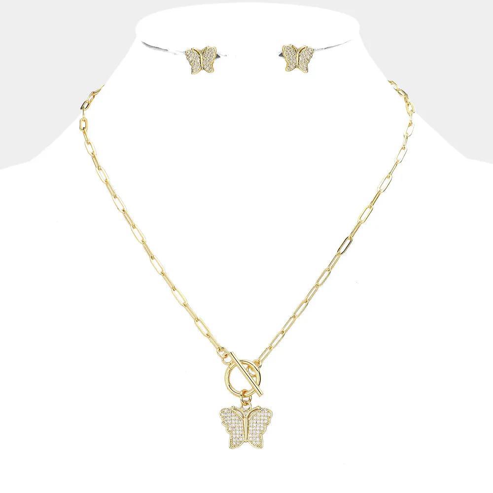 Gold CZ Butterfly Pendant Toggle Necklace Set