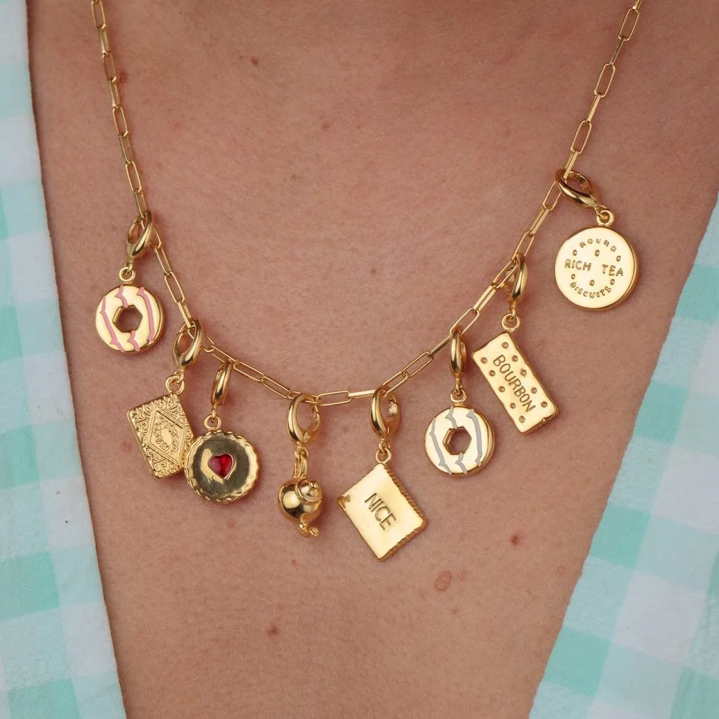 Gold Plated Party Ring Charm with Pink Enamel