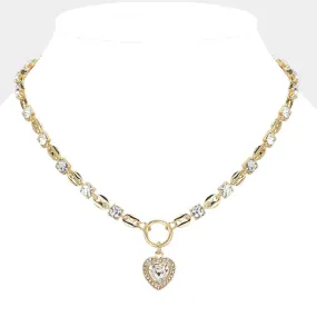 Gold Square Rhinestone Cluster Link Heart Pendant Necklace