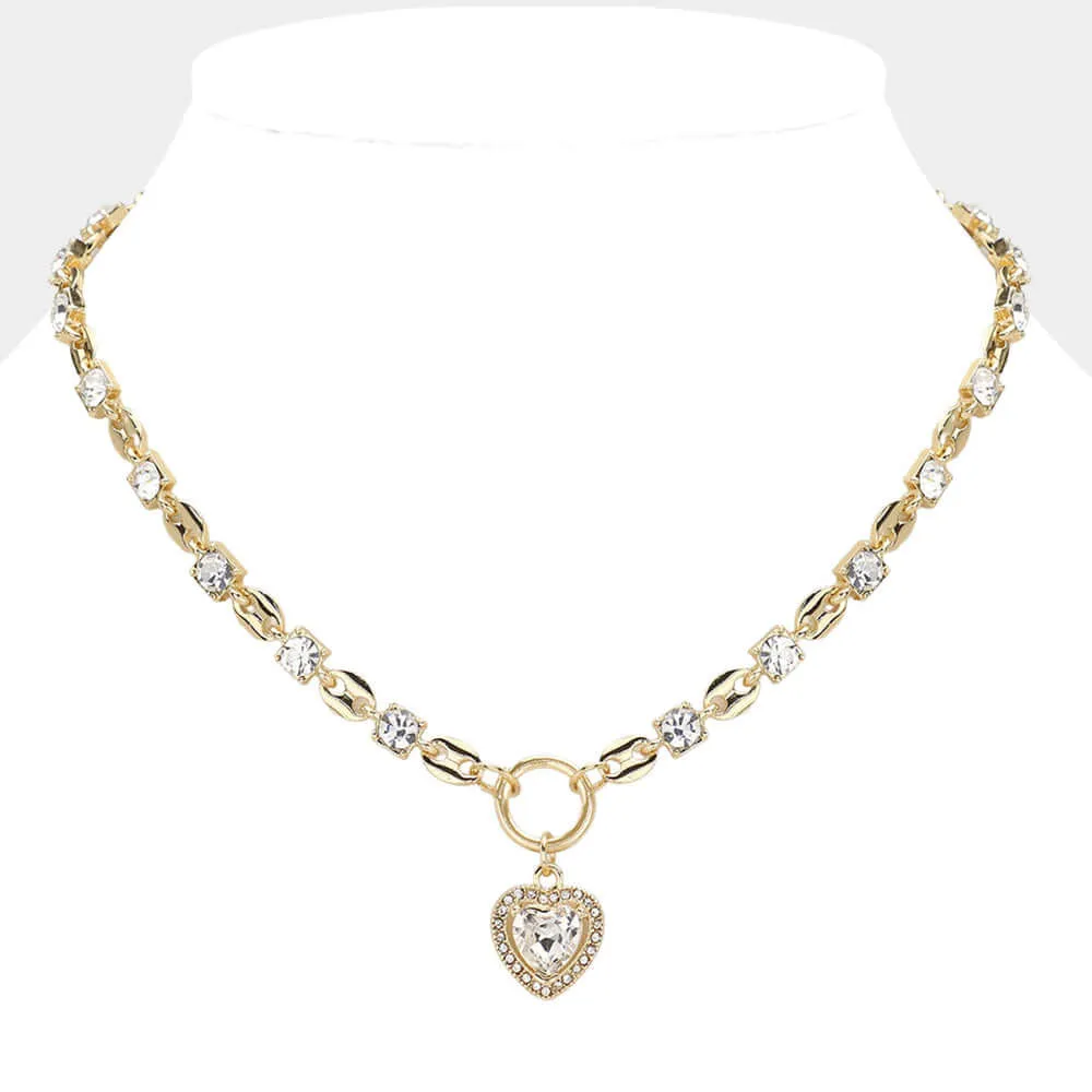 Gold Square Rhinestone Cluster Link Heart Pendant Necklace