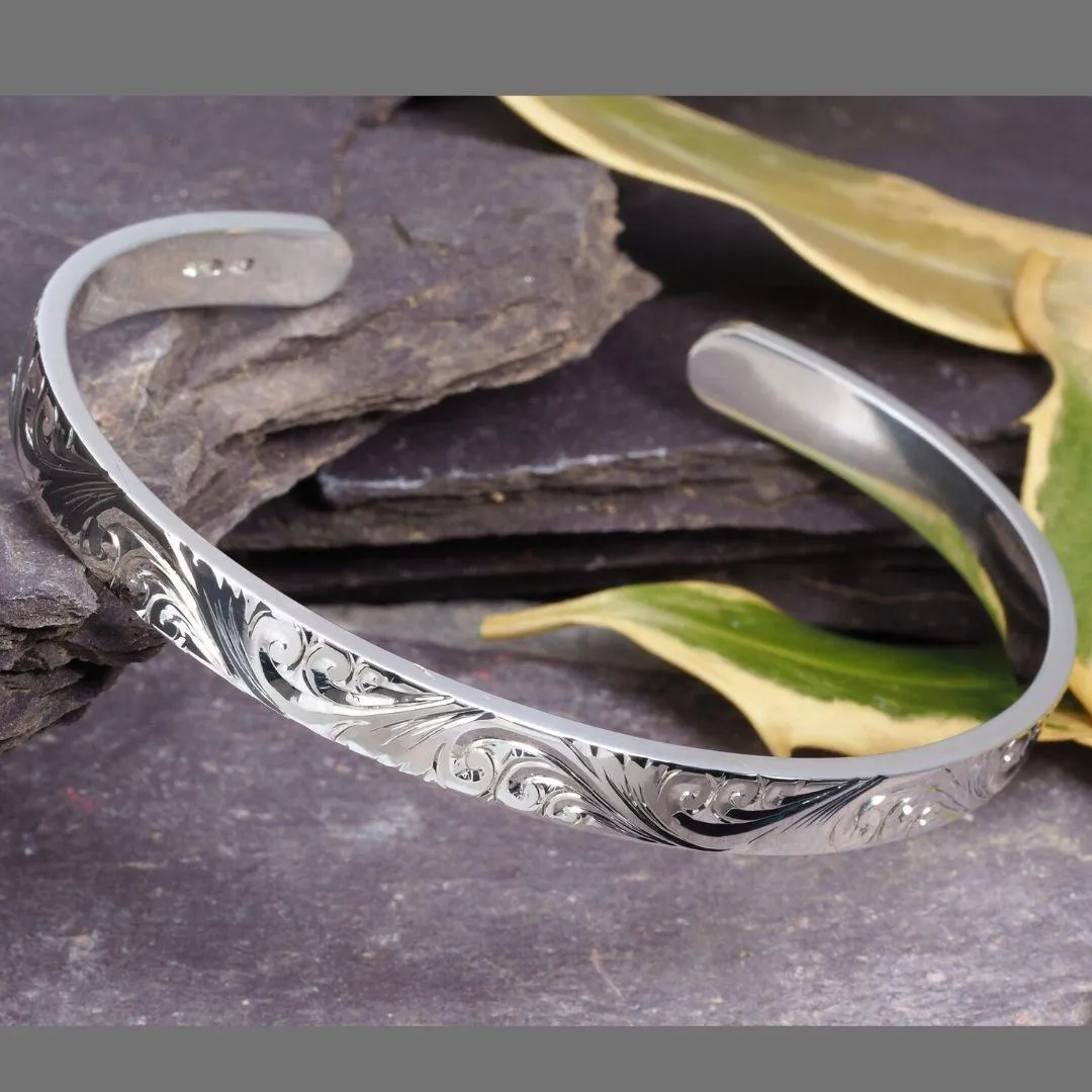 Hand Engraved Scroll Sterling Silver Handmade Cuff Bracelet Carved