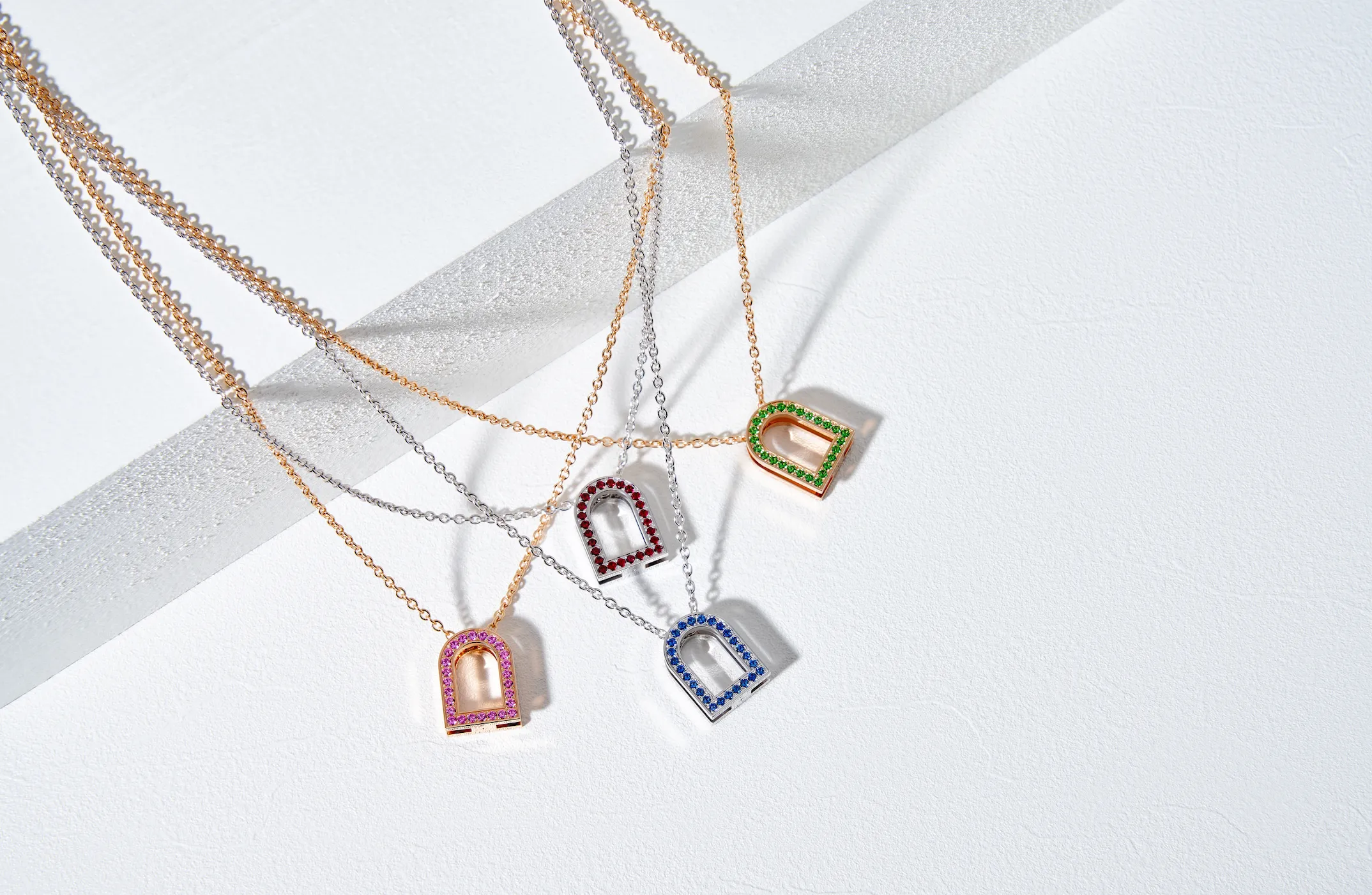 L'Arc Voyage Charm MM, 18k White Gold with Galerie Blue Sapphires on Chain Necklace