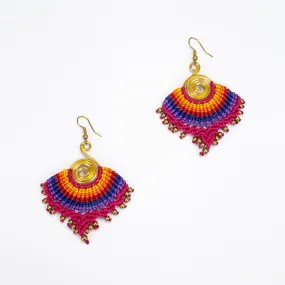 Magenta Rainbow Waxed String Spiral Brass Earrings