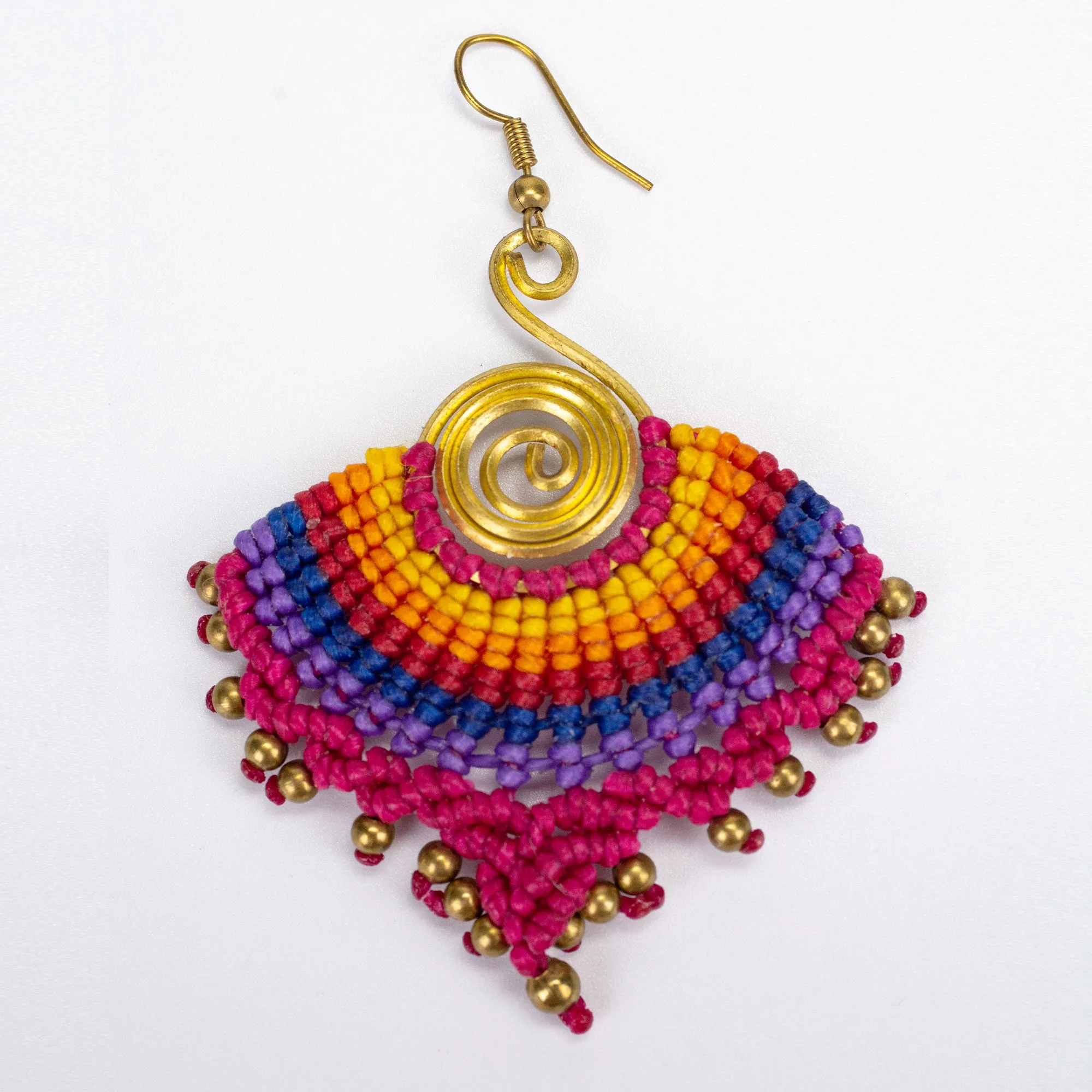Magenta Rainbow Waxed String Spiral Brass Earrings