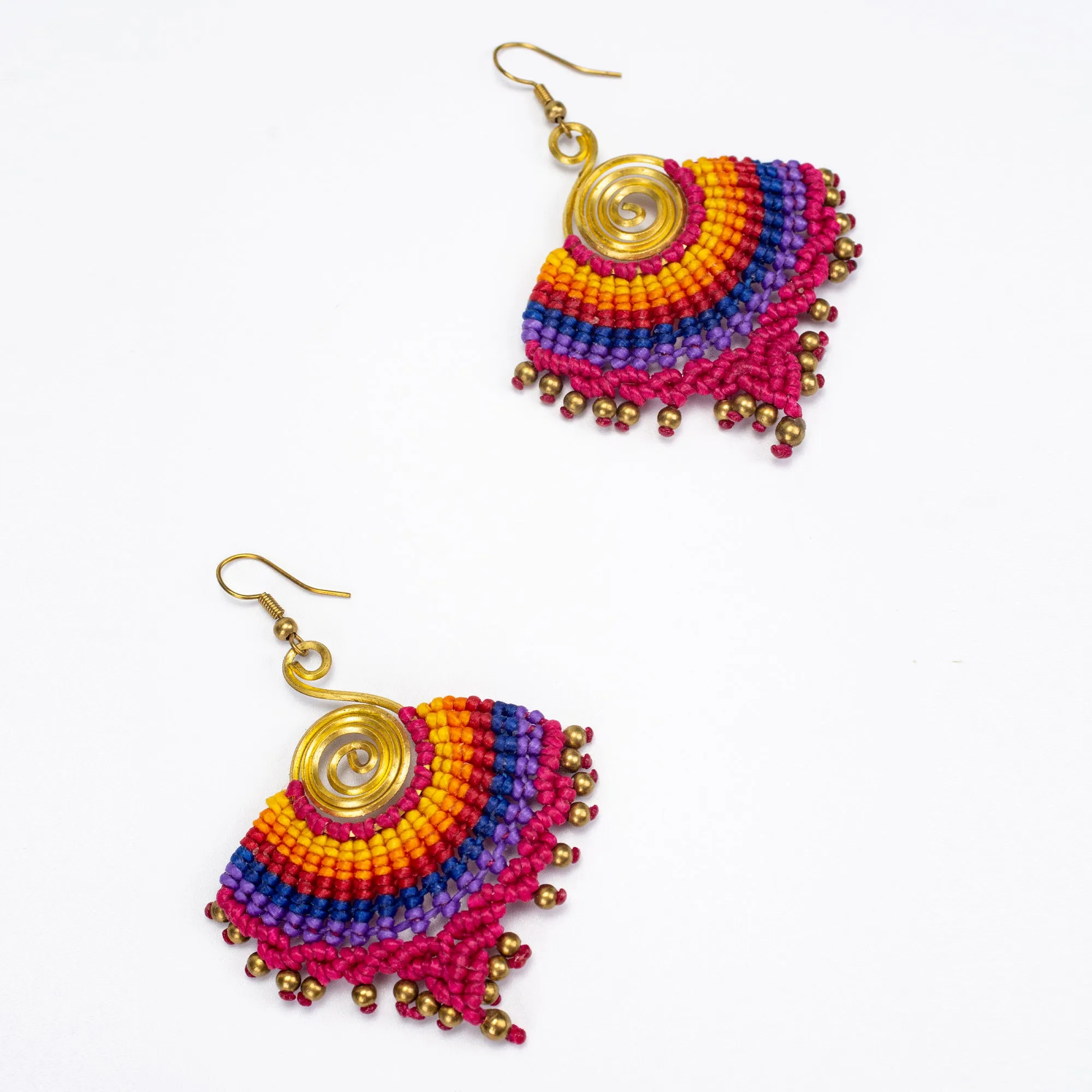 Magenta Rainbow Waxed String Spiral Brass Earrings