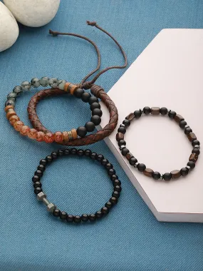 Men Pack Of 4 Black & Brown Beads Elasticated Bracelet