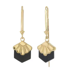 Certainly! Heres an optimized product title with modifiers: Elegant Gold Pull-Through Earrings with Mini Deco Daisy and Black Onyx Accents