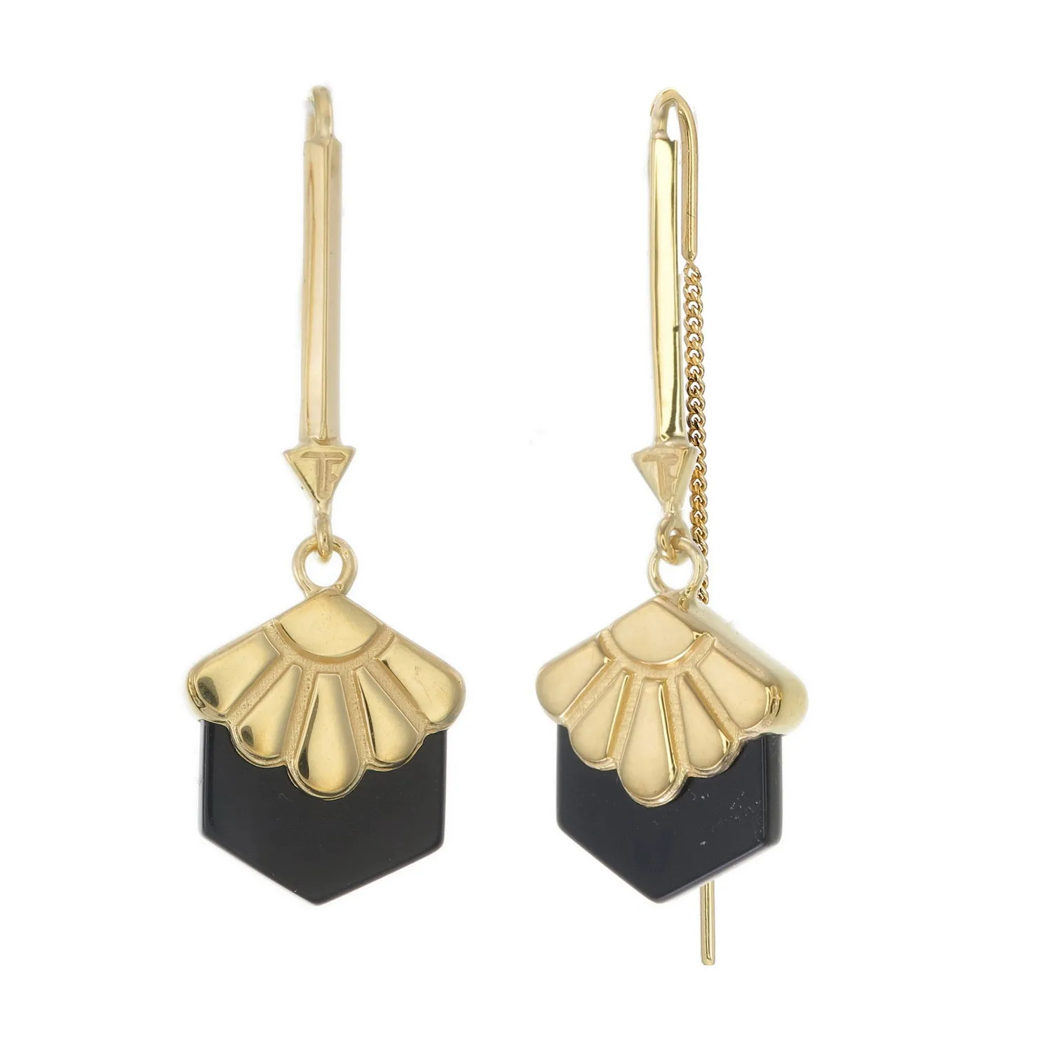 Certainly! Heres an optimized product title with modifiers: Elegant Gold Pull-Through Earrings with Mini Deco Daisy and Black Onyx Accents