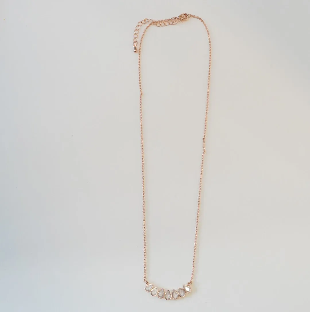 Multiple Water Drop 5A Zirconia Studded Linear Rose Gold Plated Chain Necklace