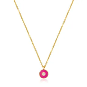 Neon Pink Enamel Disc Gold Necklace
