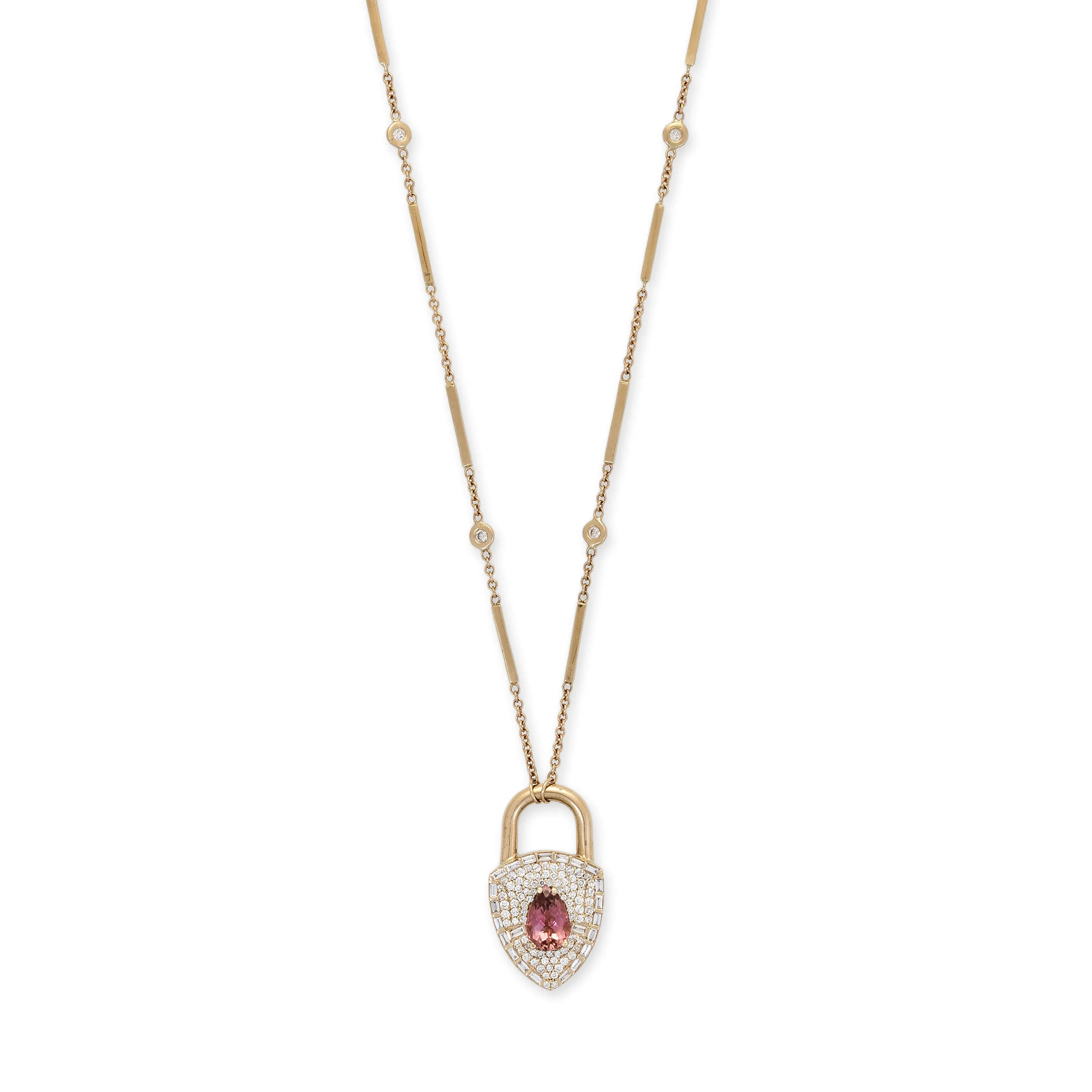PAVE   BAGUETTE DIAMOND GEMSTONE LOCK SMOOTH BAR NECKLACE