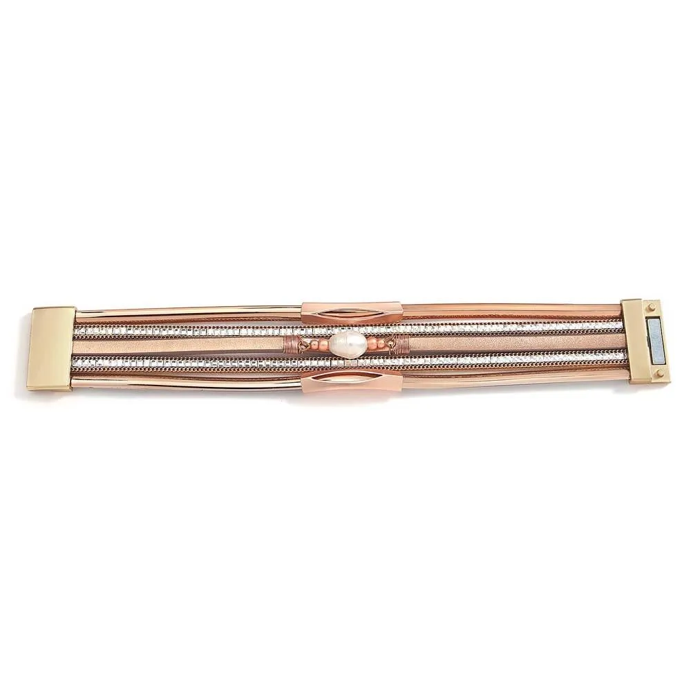 'Pearl' Charm & Rhinestones Cuff Bracelet - gold
