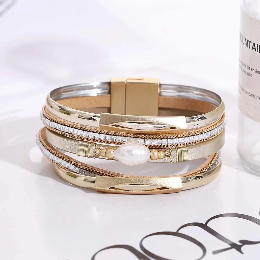 'Pearl' Charm & Rhinestones Cuff Bracelet - gold