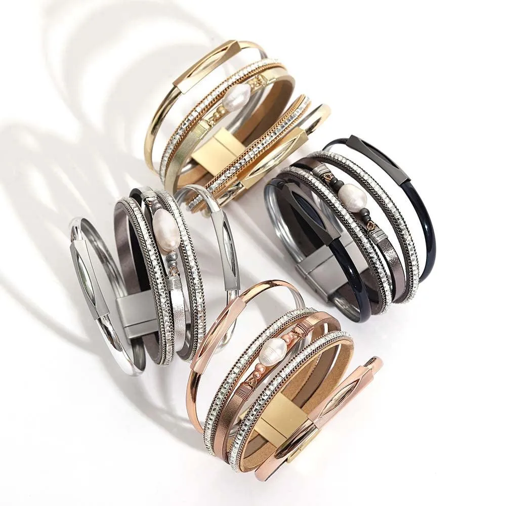 'Pearl' Charm & Rhinestones Cuff Bracelet - gold