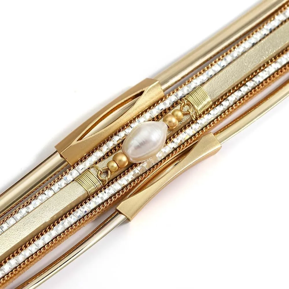 'Pearl' Charm & Rhinestones Cuff Bracelet - gold