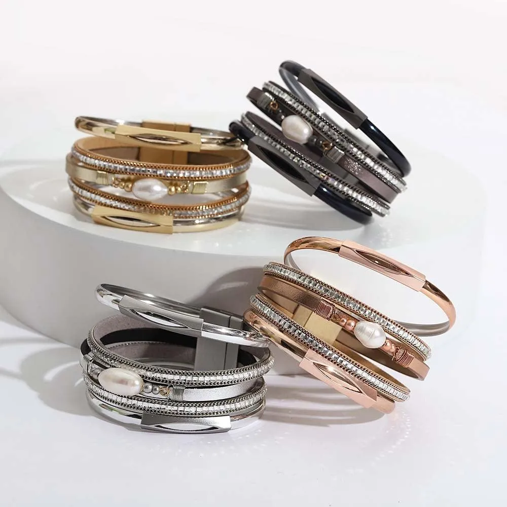 'Pearl' Charm & Rhinestones Cuff Bracelet - gold