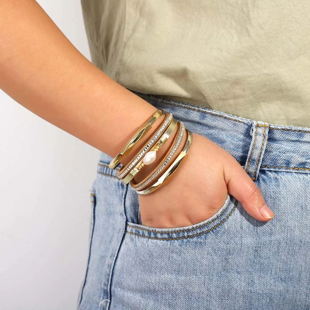 'Pearl' Charm & Rhinestones Cuff Bracelet - gold
