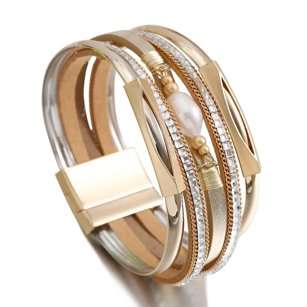 'Pearl' Charm & Rhinestones Cuff Bracelet - gold