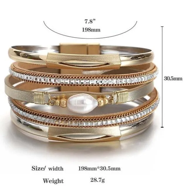 'Pearl' Charm & Rhinestones Cuff Bracelet - gold