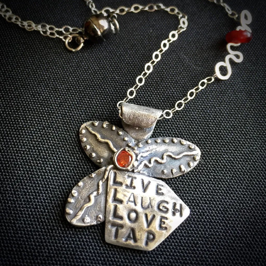 "Live Laugh Love Tap" Tapping Necklace, Flower With Red Agate Bead, Fine Silver, Sterling Chain