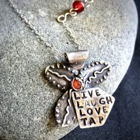 "Live Laugh Love Tap" Tapping Necklace, Flower With Red Agate Bead, Fine Silver, Sterling Chain
