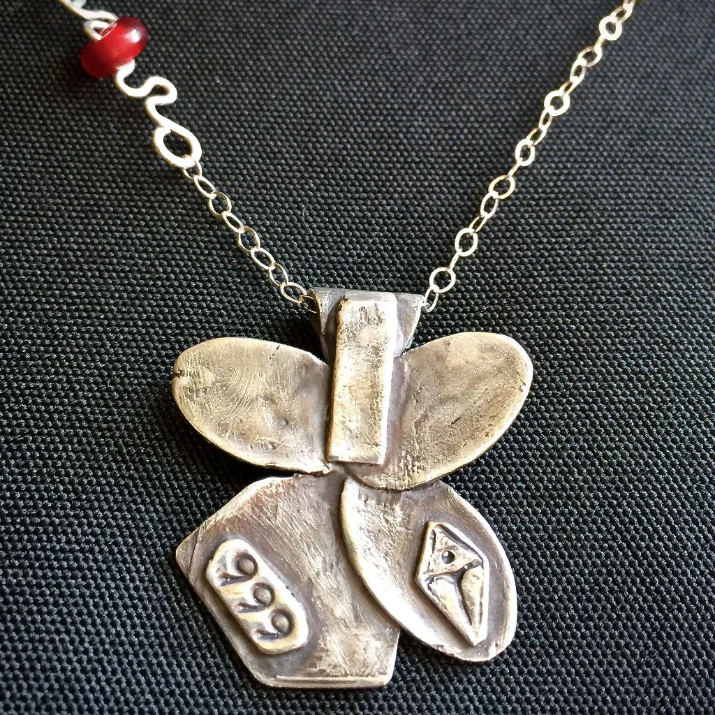 "Live Laugh Love Tap" Tapping Necklace, Flower With Red Agate Bead, Fine Silver, Sterling Chain