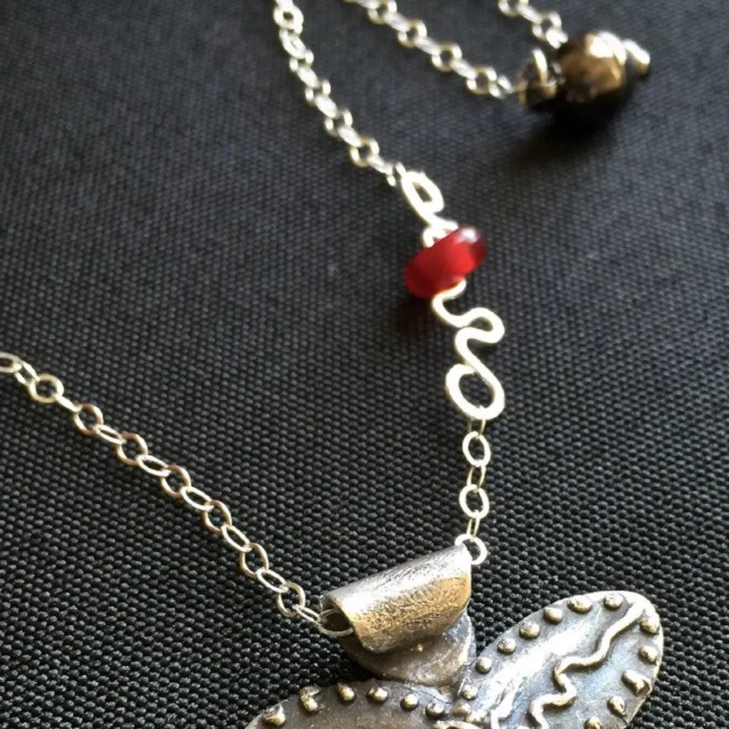 "Live Laugh Love Tap" Tapping Necklace, Flower With Red Agate Bead, Fine Silver, Sterling Chain