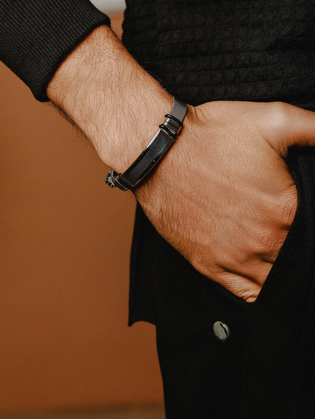 Rhodium-Plated & Black Wraparound Men Bracelet
