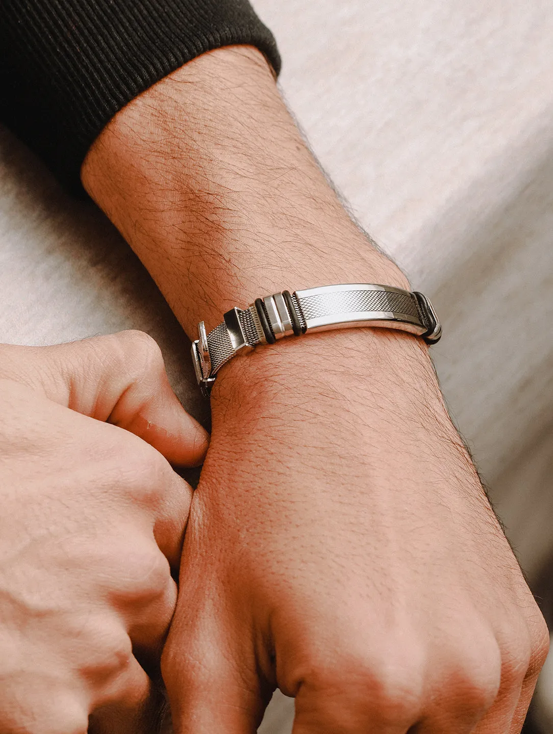 Rhodium-Plated & Black Wraparound Men Bracelet