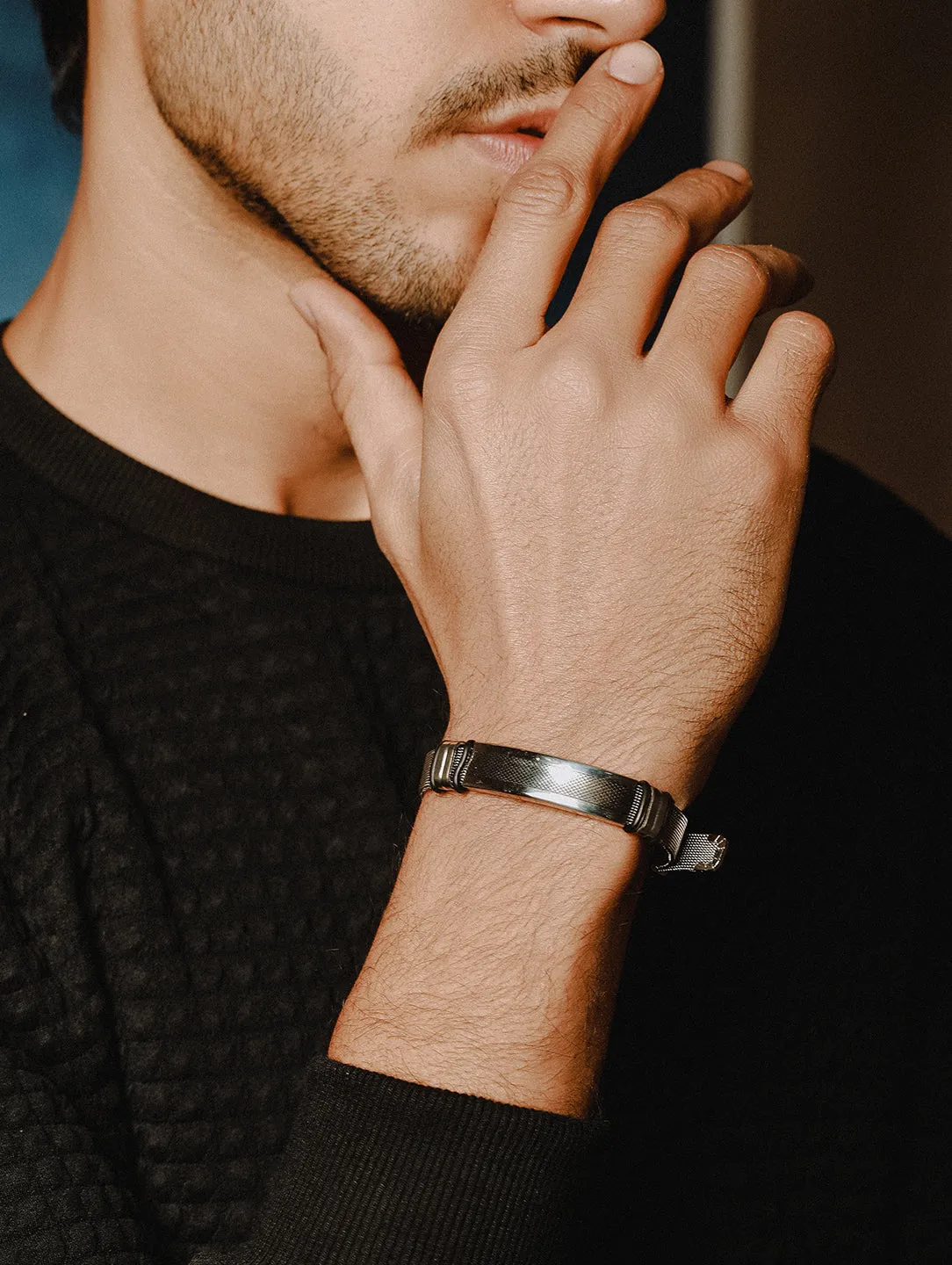 Rhodium-Plated & Black Wraparound Men Bracelet