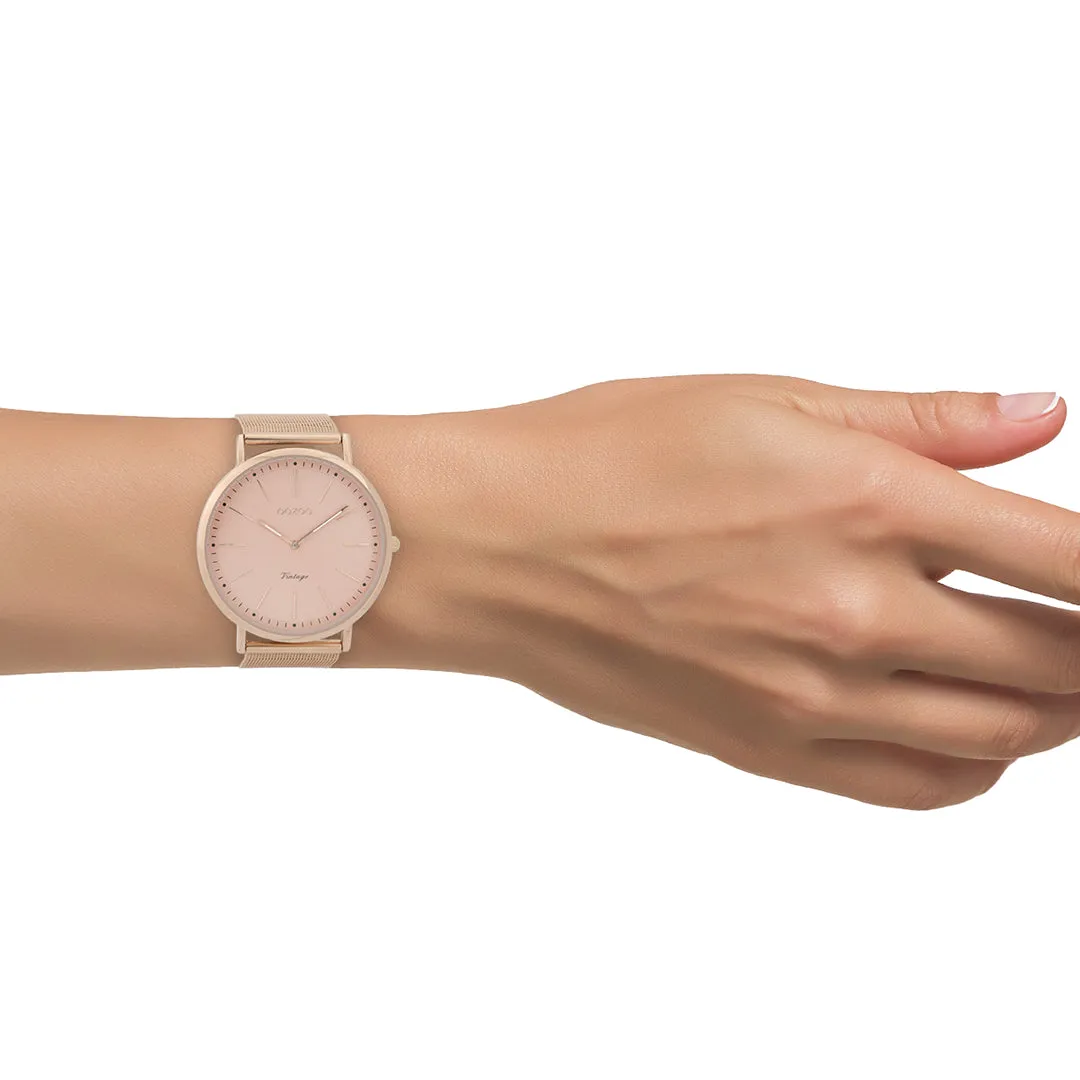Rose gold coloured  watch with rose gold coloured metal mesh bracelet