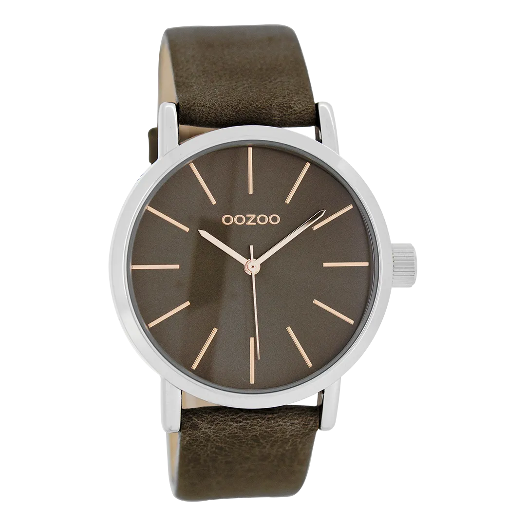 Silver coloured  watch with dark brown leather strap